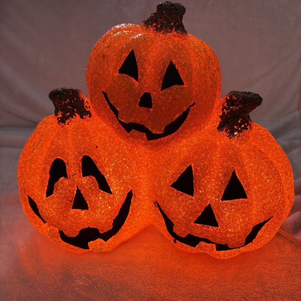 Halloween Melted Plastic Popcorn Pumpkin Trio Orange Jack O Lantern Lights Works